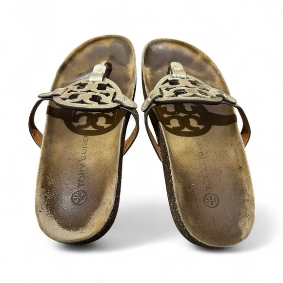Tory Burch Miller Cloud Spark Gold Thong Sandals Size 7.5M Cork Comfortable - Picture 7 of 9